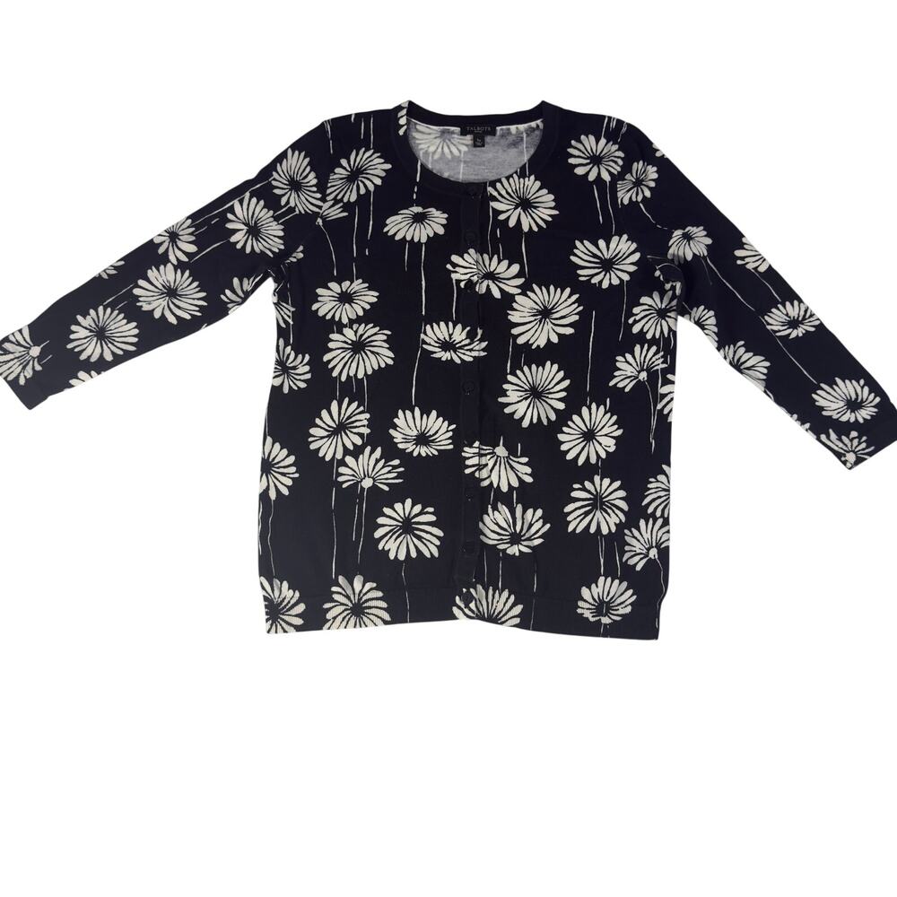 Talbots Petites SP Black White Daisy Floral Button Cardigan Sweater Mat. Tag Cut